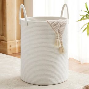 White Woven Rope Laundry Basket by TECHMILLY, 58L Baby Nursery Hamper for Clothes Blanket Storage, Large Tall Laundry Hamper for College Dorm, Bedroom, Living Room