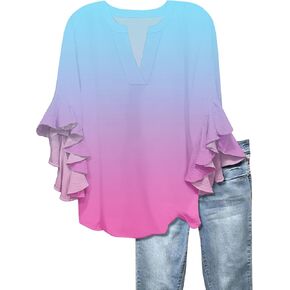 Spring Tops for Women Casual Loose 3/4 Sleeve V-Neck Solid Color Shirt Tops Graphic Tees, S-2XL