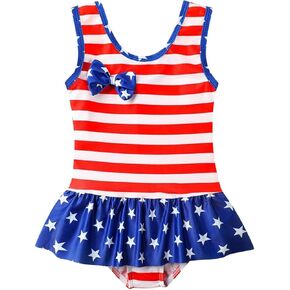 Baby Infant Girls One Piece Swim Cover up 4th of July Sleeveless Striped Star Print Patriotic Beach Rash Guard Swimwear