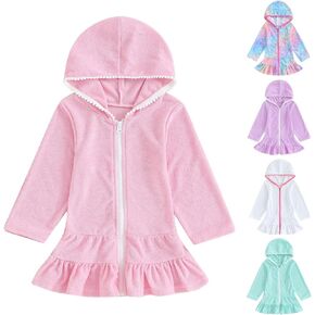 Baby Girls Long Sleeve Swim Cover up Solid Towel Zipper Hooded Ruffle Dress Swimwear Toddler Rash Guard Coverup
