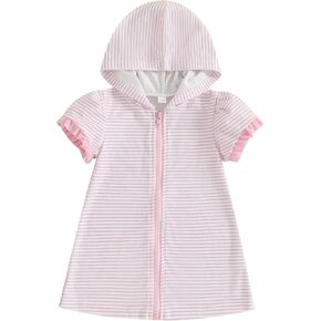 ZAXARRA Girls Swim Cover Up Short Sleeve Zip Up Hooded Striped Bathing Suit Coverup Kids Pool Beach Robe