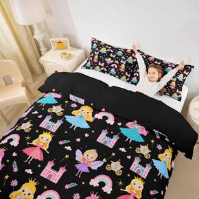 Erosebridal Purple Princess Comforter Cover Toddler Cute Cartoon Princess Castle Bedding Set Fairy Tale Theme Duvet Cover for Kids Girls Teen,Love Heart Rainbow Stars Butterflies Quilt Cover