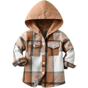 Toddler Kids Plaid Shacket Jacket Boys Girls Flannel Shirts Long Sleeve Button Down Hooded Jackets Warm Coat