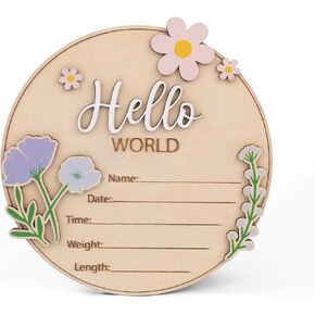 Hello World Wooden Baby Birth Announcement Sign – Raised Floral Name Plaque with 3D Lettering – Baby Stats Board for Photo Prop or Nursery Display