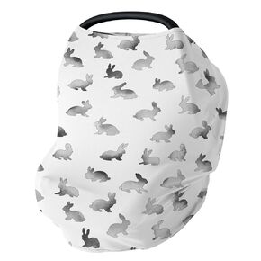 Vintage Gray Rabbit Car Seat Cover for Baby Retro Bunny Stretchy 5-in-1 Cover Adjustable Infant Carseat Cover Canopy Spring Garden Animal Breathable Nursing Cover-Up