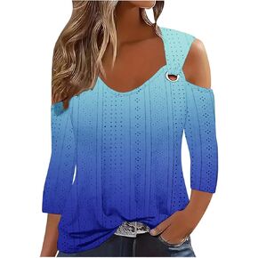 3/4 Length Sleeve Cold Shoulder Womens Tops Dressy Casual V Neck Gradient Color Block Eyelet Shirts Blouse for Summer