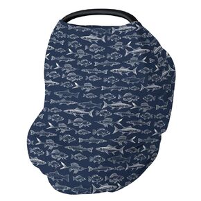 Navy Freshwater Fish Baby Car Seat Covers Bass Carp Trout Salmon Lake Stretchy 5-in-1 Cover Adjustable Car Canopy Breastfeeding Cover Fishing Lover Gift Breathable Nursing Cover-Up Navy