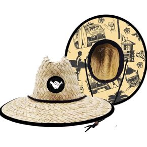 Baby Infant 48cm Lifeguard Hat Straw Beach Cap Brown Palm Patch