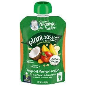 Gerber Organic Baby Food Pouches, Toddler, Plant-tastic, Tropical Mango Fusion, Fruit & Yogurt Alternative with Oat & Coconut Milk, Non-Dairy, 3.5 oz