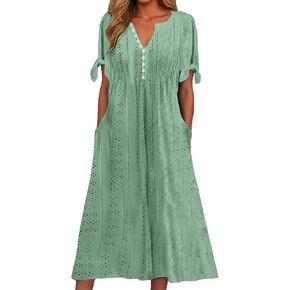 Summer Dresses for Women Casual Short Sleeve Pleated Dress V Neck Midi Dress Outfits with Pockets A Line Skirts