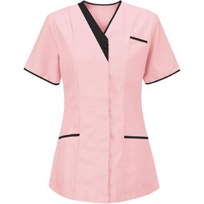 Scrub Tops Women Solid Color Short Sleeve Uniform V Neck Button Down Nurse Shirt Medical Workwear Scrubs with Pocket