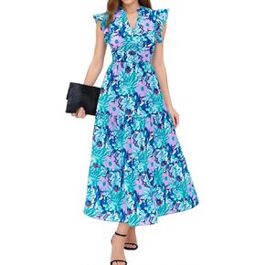 Women's 2025 Summer Floral Midi Dress Cap Sleeve V Neck Ruffle Long Flowy Boho Casual Beach Vacation Dresses