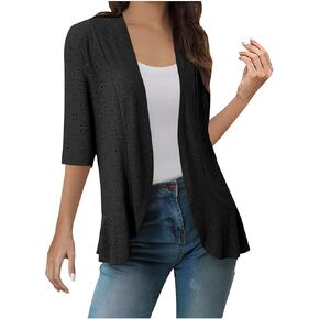 Womens Summer Trendy Eyelet Open Front Cardigans Lightweight Casual Draped Ruffle Elbow Length Sleeve Kimono Cardigan