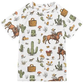 Western Cowboy Horse Cactus White Kids Bathing Suit Sun Protection T Shirts Swimwear Beach Tops 3T