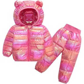Toddler Baby Boys Girls Warm Winter Outfits Kids Light Puffer Hooded Winter Coats Padded Pants Windproof Outwear Set