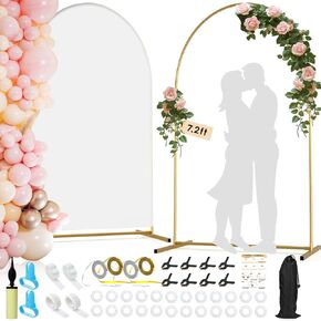 Arch Backdrop Stand and Cover Set| 7.2ft Wedding Metal Arch Stand with Spandex Fitted Backdrop Cover|Gold Balloon Arched Frame White Arch Cover for Birthday Party Baby Shower Graduation Ceremony Decor