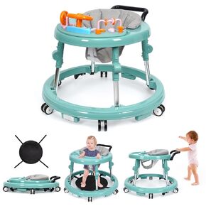 Music and Lights Baby Walker Foldable with 9 Adjustable Heights, Baby Walker with Wheels Portable, Baby Walkers and Activity Center for Boys Girls Babies 7-18 Months (New-Green)
