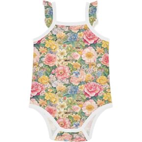 JUNZAN Girl Baby Sleeveless Bodysuits Cute Soft Vintage Colored Floral Baby Girl Romper 0-24 Months