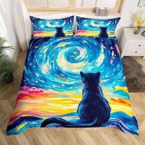 Cartoon Witch Cat Duvet Cover Toddler Size 2 Pcs,Happy Halloween Hippie Graffiti Bedding Set for Kids Teens Adults,Hand Drawn Style Cute Kitty Comforter Cover with 1 Pillowcase,No Comforter