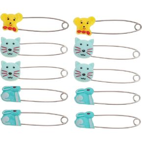 10pcs Animal Safety Pins Stainless Steel Diaper Pins with Plastic Head Newborn Locking Pins Safety Pin with Lock Buckle for Shower Party Favor (Random Color)