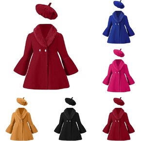 Girls Trench Coats Long Sleeve Furry Collar Warm Peacoat with Beret Hat Set for Casual Wear Toddler
