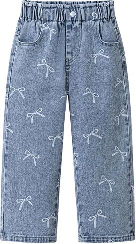 WDIRARA Girl's Cute Bow Pattern Jeans Elastic Waist Wide Leg Denim Pants in Saudi Arabia