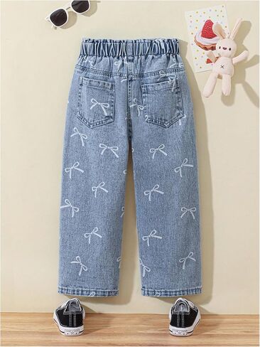 WDIRARA Girl's Cute Bow Pattern Jeans Elastic Waist Wide Leg Denim Pants in Saudi Arabia