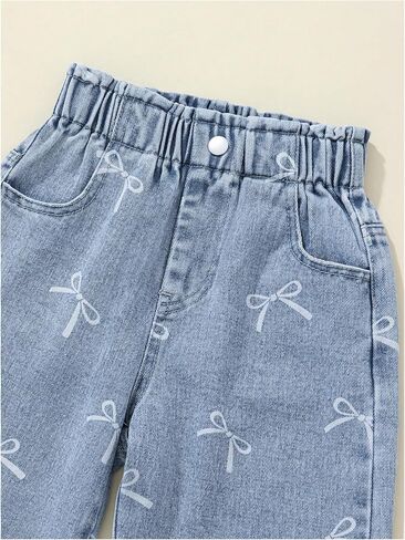WDIRARA Girl's Cute Bow Pattern Jeans Elastic Waist Wide Leg Denim Pants in Saudi Arabia