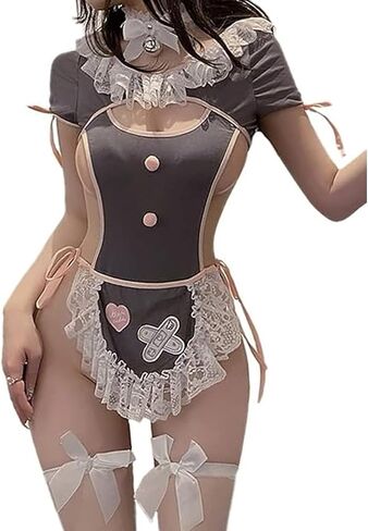SNOMYRS Maid Outfit Anime Cosplay Costume Japanese Sweet Apron Fancy Kawaii Lace Up One Piece Lingerie Bodysuit in Saudi Arabia