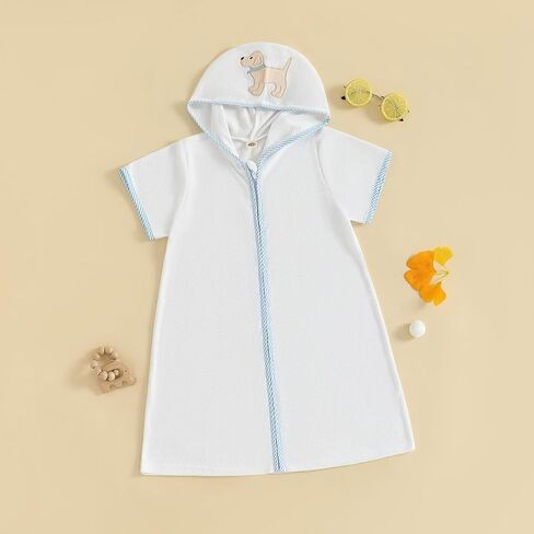 Toddler Boys Girls Terry Swimsuit Cover Up Short Sleeve Zipper Hooded Embroidery Bathing Suit Kids Summer Swimwear in Saudi Arabia