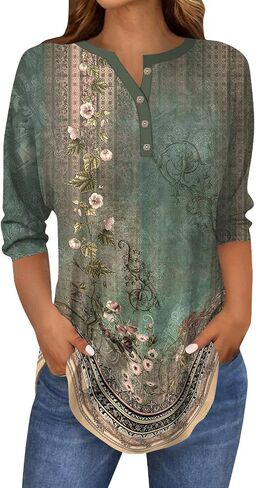 3/4 Length Sleeve Womens Tops Printed Curved Hem T Shirt Button Down Tops Comfy Blouses Dressy Plus Size Tunics in Saudi Arabia