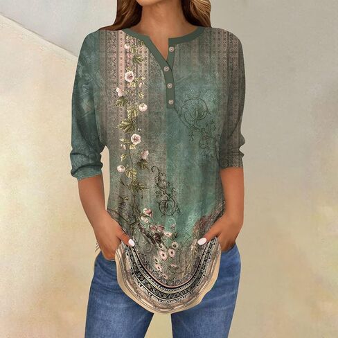 3/4 Length Sleeve Womens Tops Printed Curved Hem T Shirt Button Down Tops Comfy Blouses Dressy Plus Size Tunics in Saudi Arabia