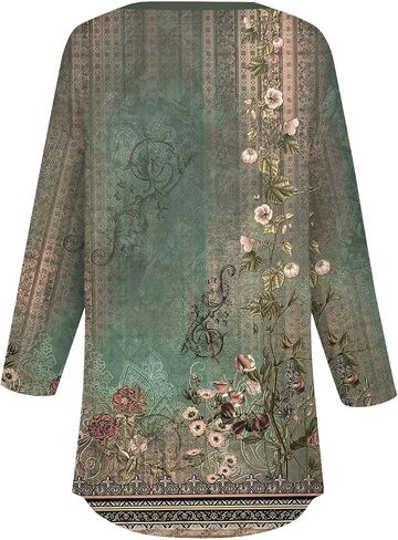 3/4 Length Sleeve Womens Tops Printed Curved Hem T Shirt Button Down Tops Comfy Blouses Dressy Plus Size Tunics in Saudi Arabia