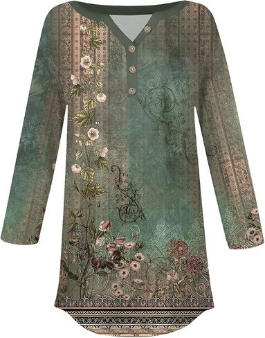 3/4 Length Sleeve Womens Tops Printed Curved Hem T Shirt Button Down Tops Comfy Blouses Dressy Plus Size Tunics in Saudi Arabia