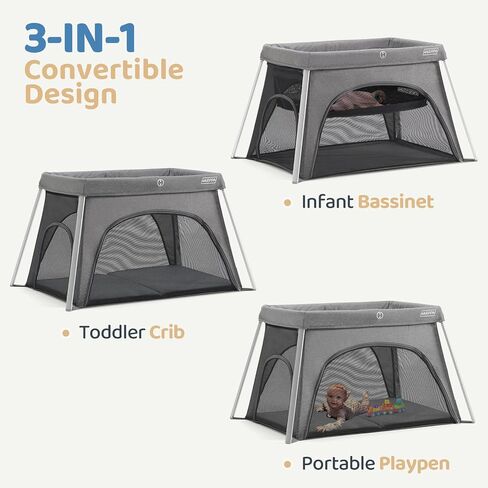 HARPPA Travel Crib with Comfy Mattress, Lightweight Portable Crib Requires No Assembly, Foldable Pack and Play for Baby and Toddlers, Compact Play Yard with Bed,Gray in Saudi Arabia