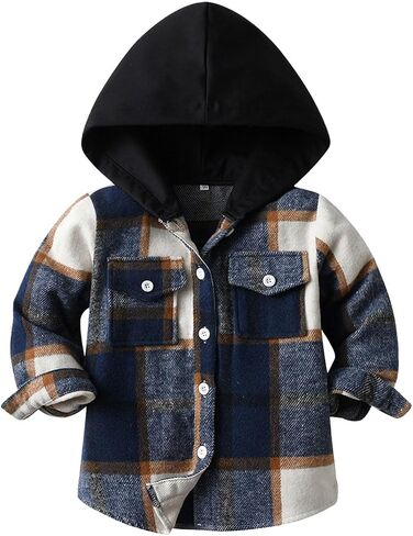 Toddler Kids Plaid Shacket Jacket Boys Girls Flannel Shirts Long Sleeve Button Down Hooded Jackets Warm Coat in Saudi Arabia