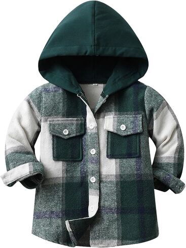 Toddler Kids Plaid Shacket Jacket Boys Girls Flannel Shirts Long Sleeve Button Down Hooded Jackets Warm Coat in Saudi Arabia