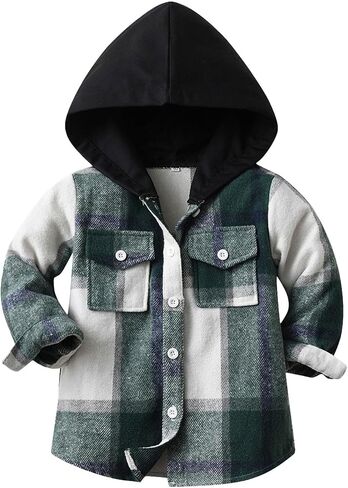 Toddler Kids Plaid Shacket Jacket Boys Girls Flannel Shirts Long Sleeve Button Down Hooded Jackets Warm Coat in Saudi Arabia