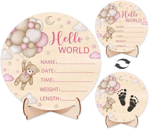 Double-Sided Wooden Newborn Birth Sign, Pink Bear Baby Announcement Sign, Girl Bear Hello World Name Sign for Hospital, Gift for New Mom Baby Shower, Photography Prop in Saudi Arabia