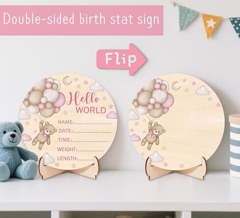 Double-Sided Wooden Newborn Birth Sign, Pink Bear Baby Announcement Sign, Girl Bear Hello World Name Sign for Hospital, Gift for New Mom Baby Shower, Photography Prop in Saudi Arabia