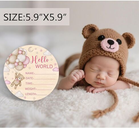 Double-Sided Wooden Newborn Birth Sign, Pink Bear Baby Announcement Sign, Girl Bear Hello World Name Sign for Hospital, Gift for New Mom Baby Shower, Photography Prop in Saudi Arabia