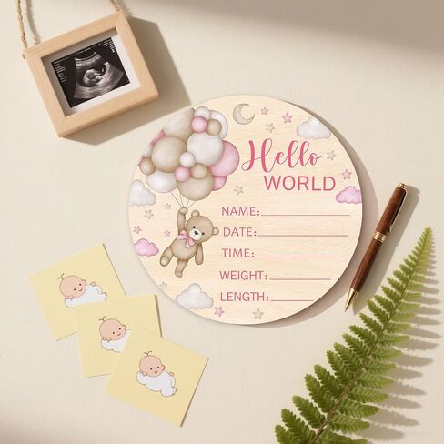 Double-Sided Wooden Newborn Birth Sign, Pink Bear Baby Announcement Sign, Girl Bear Hello World Name Sign for Hospital, Gift for New Mom Baby Shower, Photography Prop in Saudi Arabia