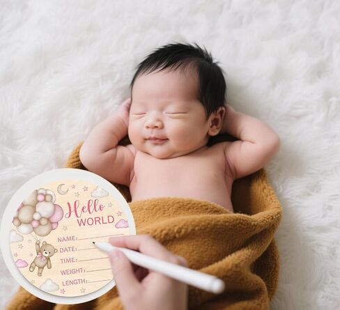 Double-Sided Wooden Newborn Birth Sign, Pink Bear Baby Announcement Sign, Girl Bear Hello World Name Sign for Hospital, Gift for New Mom Baby Shower, Photography Prop in Saudi Arabia