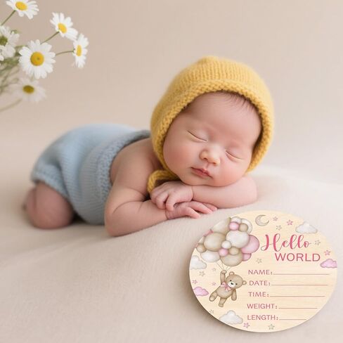 Double-Sided Wooden Newborn Birth Sign, Pink Bear Baby Announcement Sign, Girl Bear Hello World Name Sign for Hospital, Gift for New Mom Baby Shower, Photography Prop in Saudi Arabia