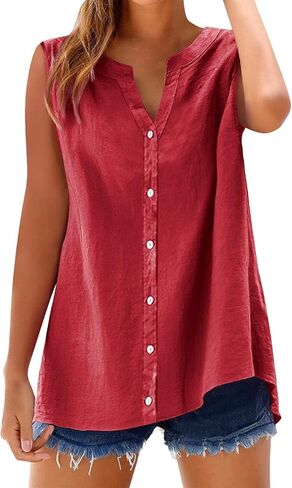 Linen Tank Top for Women Loose Fit Sleeveless Notch V Neck Button Decor Shirts Summer Casual Lightweight Tops Blouses in Kuwait