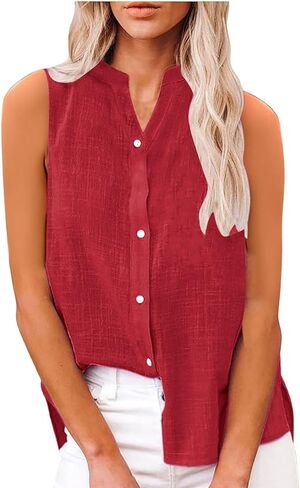 Linen Tank Top for Women Loose Fit Sleeveless Notch V Neck Button Decor Shirts Summer Casual Lightweight Tops Blouses in Kuwait