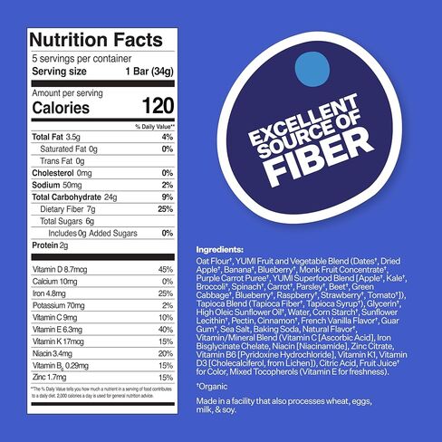 yumi الإفطار العضوي superbar ، خالية من الغلوتين ، بدون سكر إضافي ، 7+ خضروات ، قشرة مخبوزة ناعمة ، قضبان وجبة خفيفة صحية للأطفال ، بديل آمن ، صحية عن قضبان الجرانولا أو حانات الحبوب ، الفراولة (30CT) in Kuwait