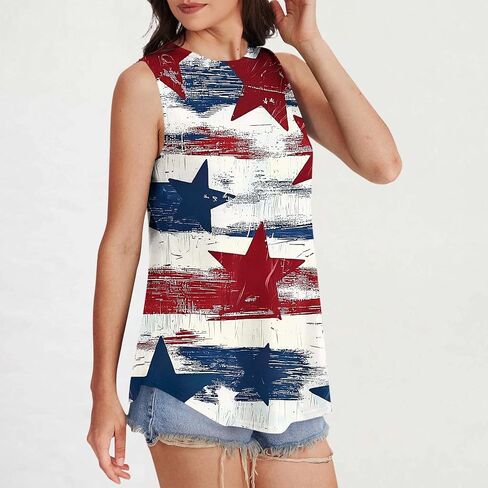 Womens Red White Blue Stars Stripes USA Flag High Neck Tanks Patriotic Tops 4th of July Independence Summer Shirts in Saudi Arabia