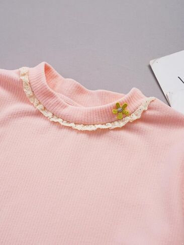 Aislor Kids Girls Lace Trim طبقة مضلعة القميص الحراري النحيف تناسب القمصان طويلة الأكمام طبقة طبقة قمم تي شيرت تي شيرت. in Kuwait