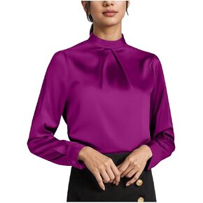 HGps8w Mock Neck Satin Shirts for Women Dressy Casual Silky Plain Blouse Elegant Long Sleeve Business Office Lady Tops